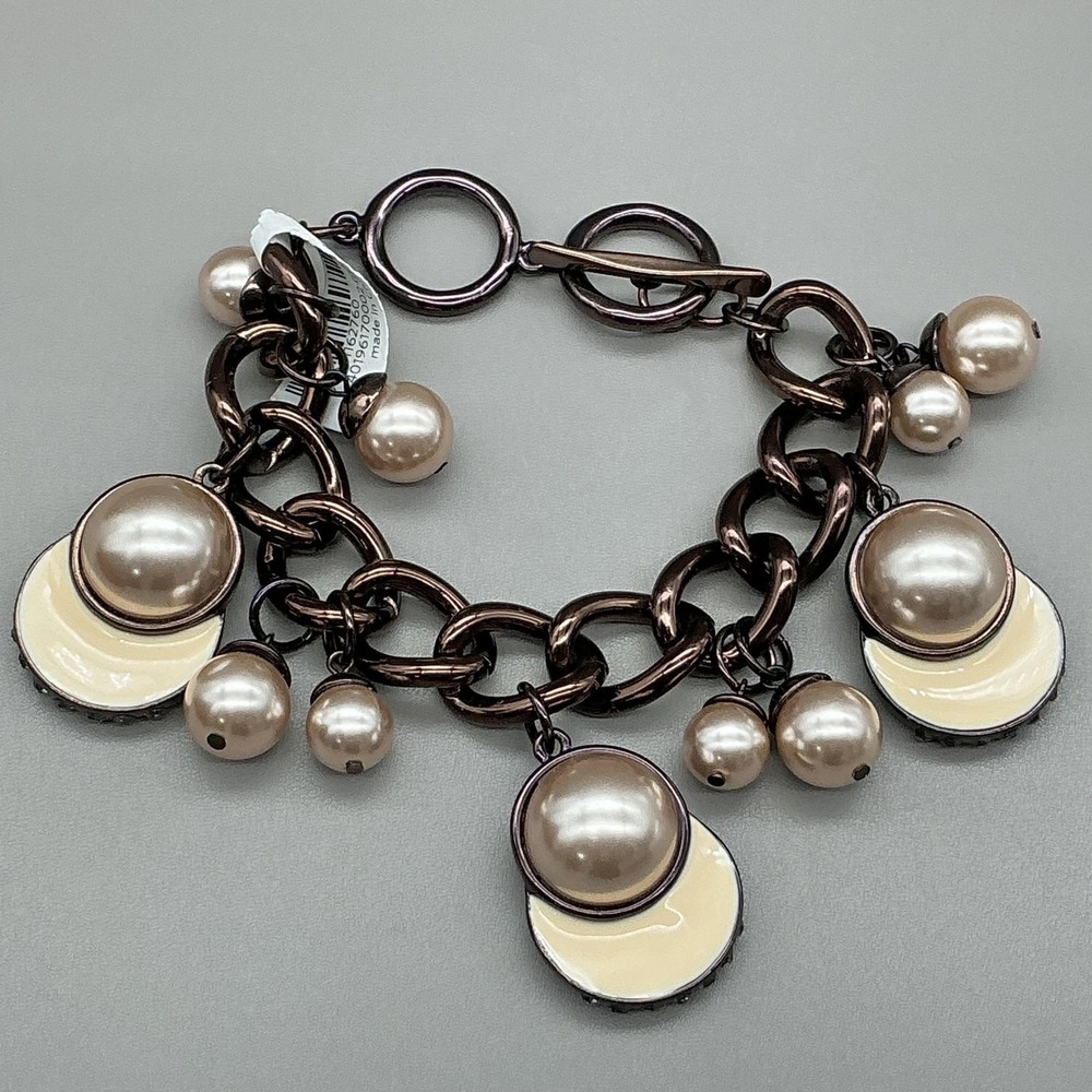 Coldwater Creek Bracelet Brown Chain Cream Pearl Charm Toggle Womens Jewelry